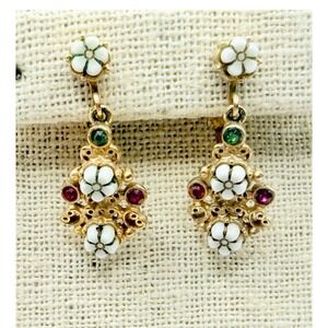 Vintage Florenza Gold Tone Clip On Earrings Enamel Flowers Rhinestone Dangle